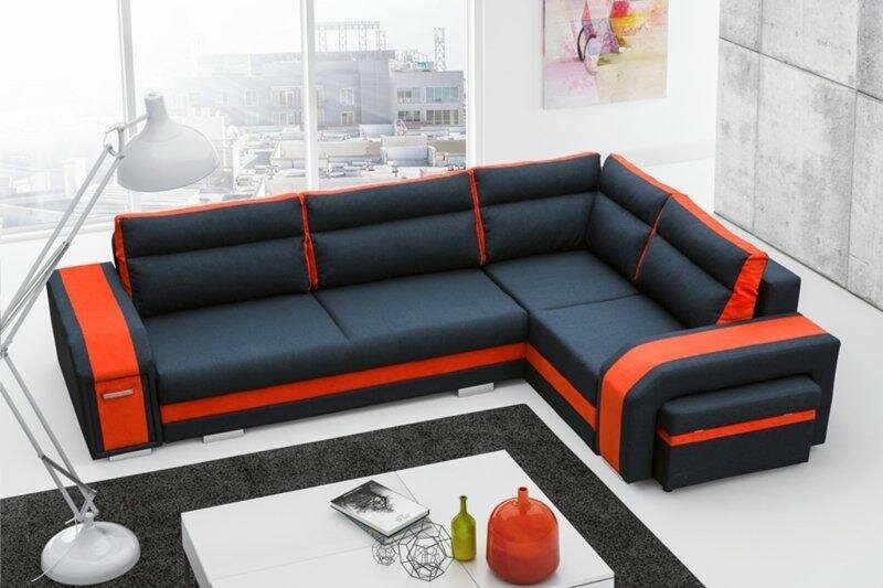 Sofa Schlafsofa Designer Sofa mit Bettfunktion + Bettkasten Schwarz Orange Couch Sofa Schlafsofa Designer Sofa mit Bettfunktion + Bettkasten Schwarz Orange Couch
