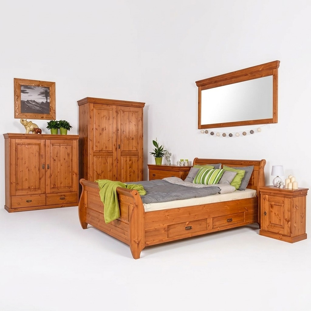 Bauern Schlafzimmer Bett Holz 180x200 Betten Braun Doppelbett MÃ¶bel Neu