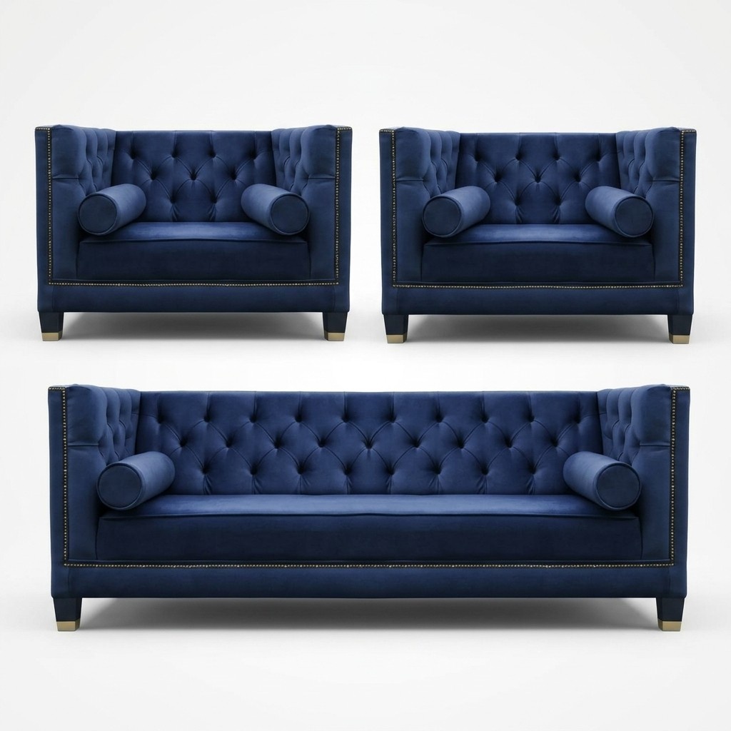 Chesterfield Blaue Sofagarnitur 3tlg Set Couch Garnituren Sitz Polster Gruppe