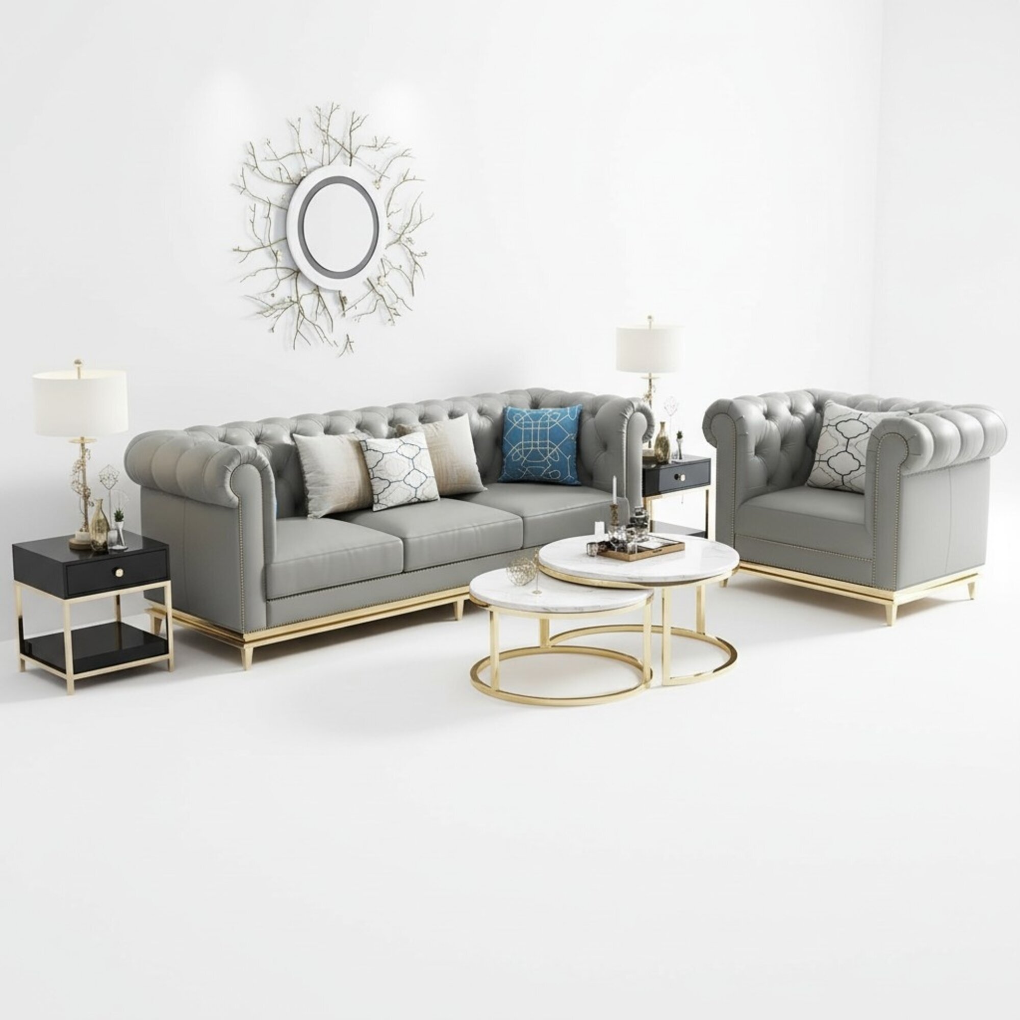 Chesterfield Couch Polster Sitz Garnitur Sofa 3+1 Leder Wohnzimmer Leder