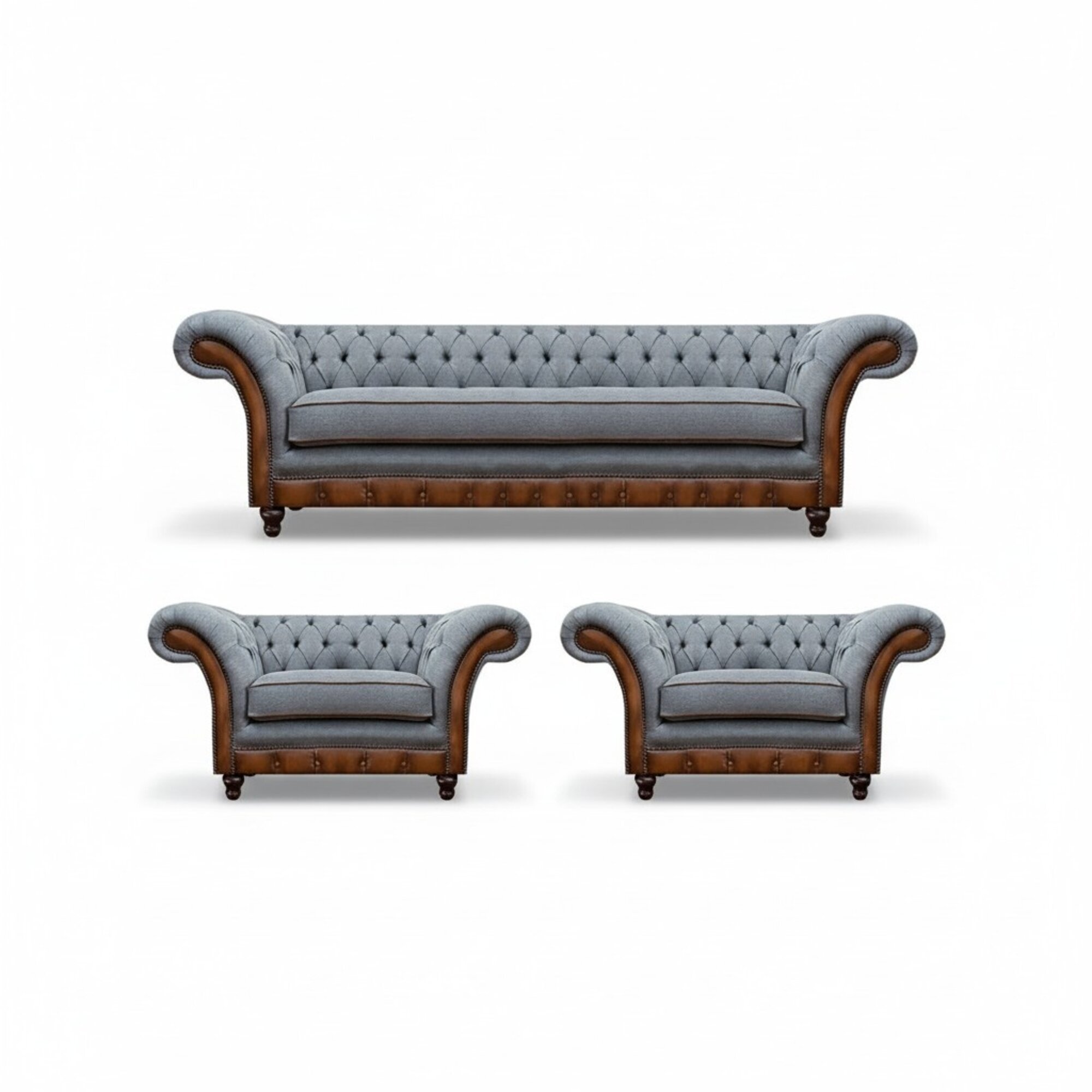 Chesterfield Grau-Braune Sofagarnitur Designer 2x Sessel Edler Dreisitzer