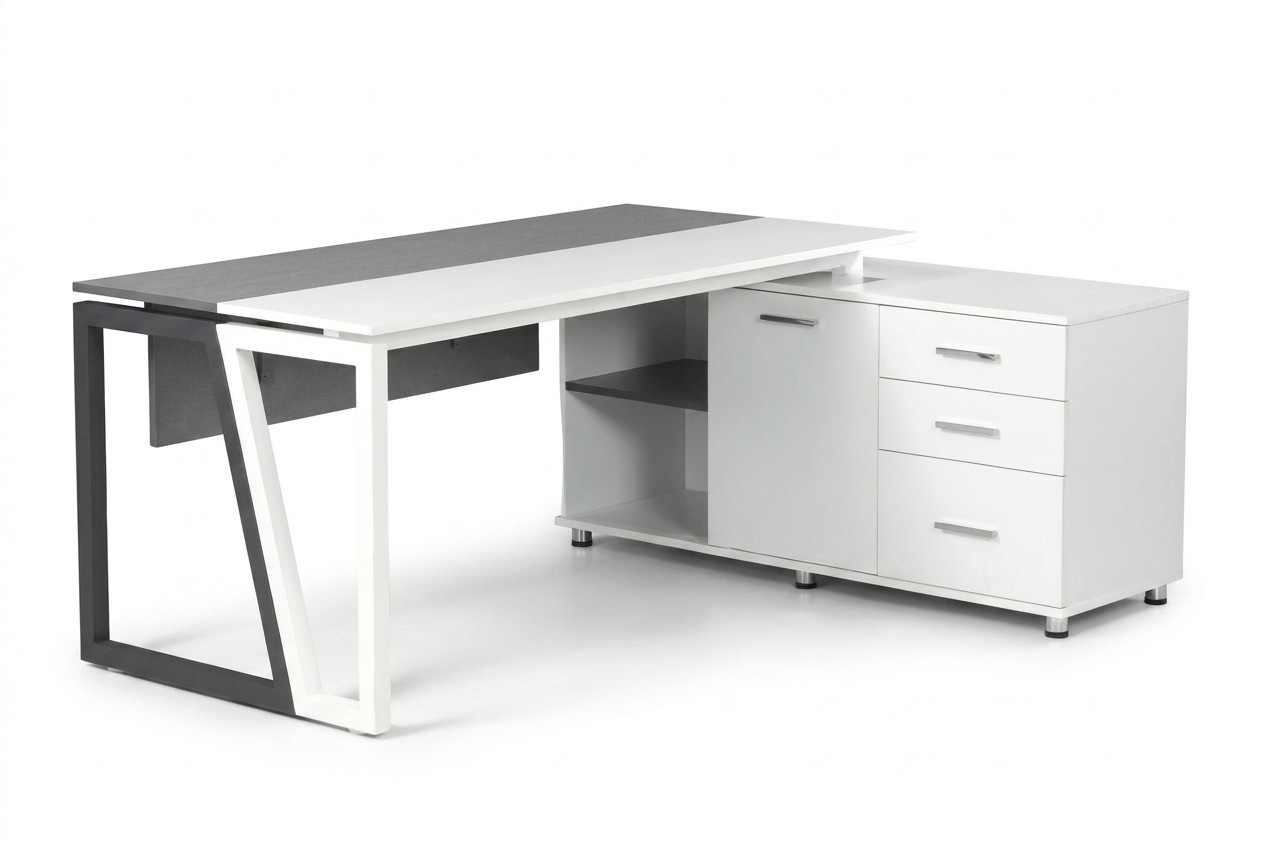 Designer Schreibtisch BÃ¼rotisch mit Shcrank Stauraum Holztisch WeiÃ Grau