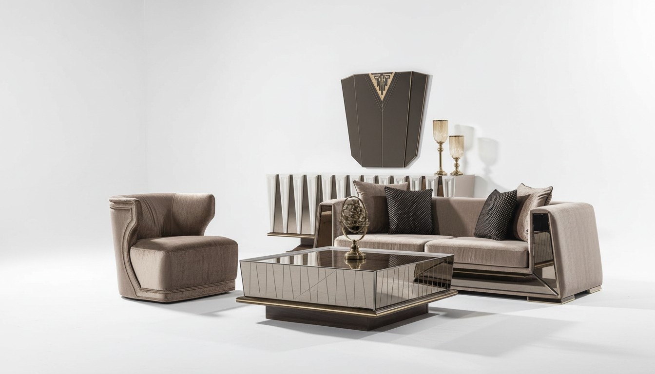 Elegantes braunes Wohnzimmer Set aus Textil und Holz