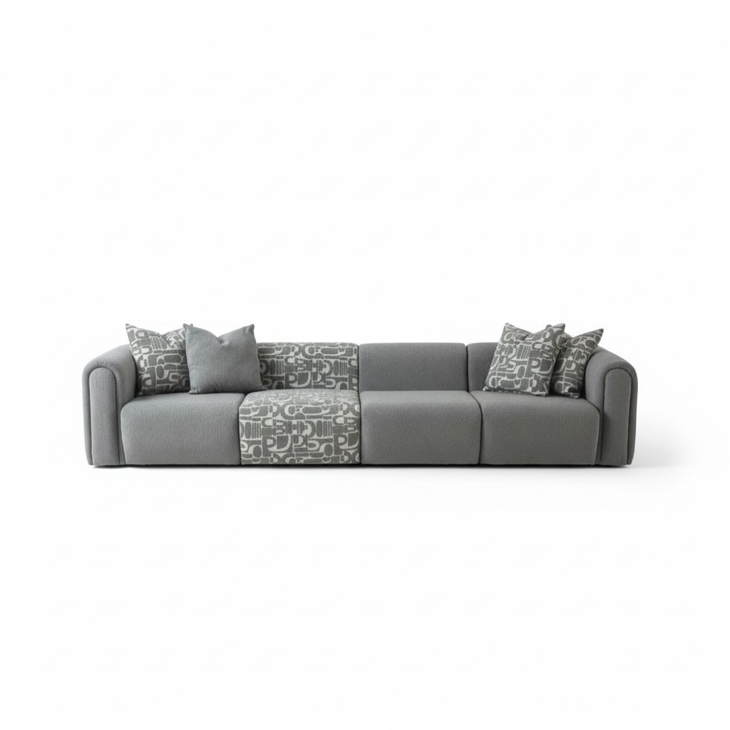 Elegantes graues Stoffsofa mit Holzrahmen fÃ¼r modernes Wohnzimmer