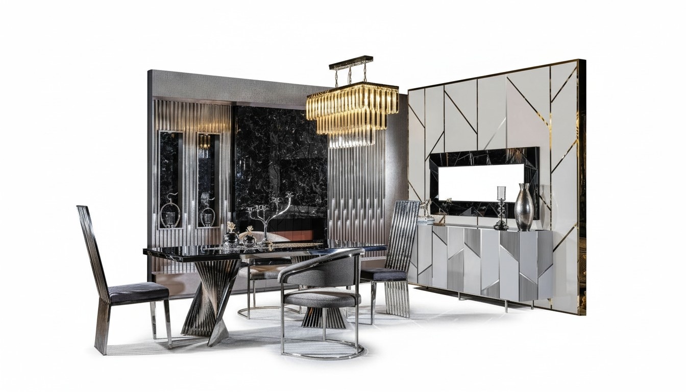 Esszimmer Set Tisch+4 StÃ¼hle+Anrichte+Spiegel Komplette MÃ¶bel Neu