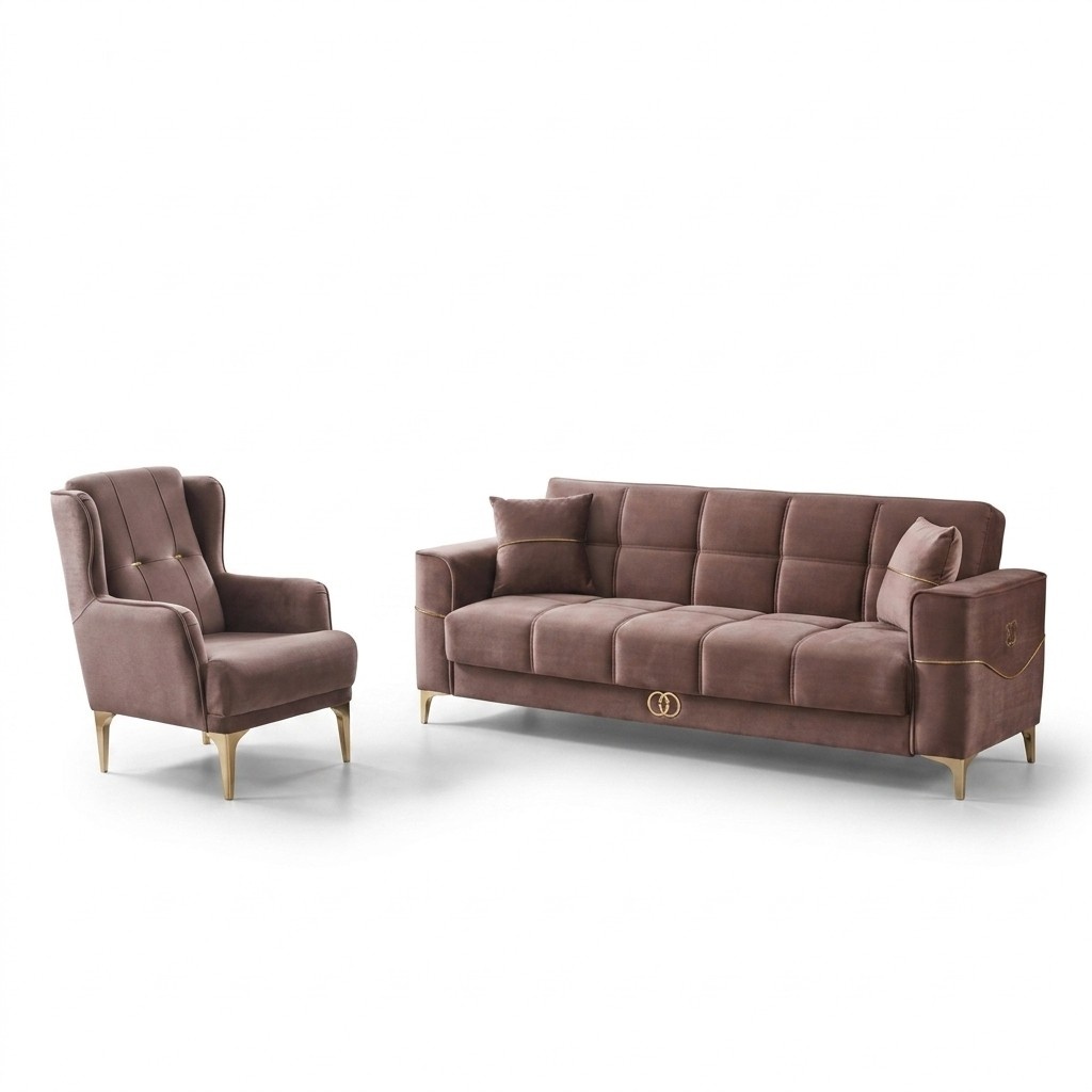 Garnitur Dreisitzer Sessel Polstersofa Braun Stoffsofa Couch Sofa 2tlg