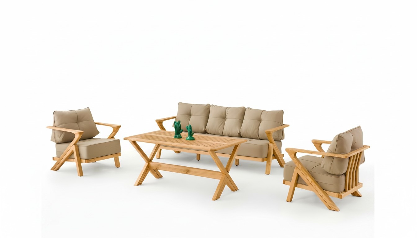 GartenmÃ¶bel Set aus Holz und Textil in Beige, modern, 4-teilig