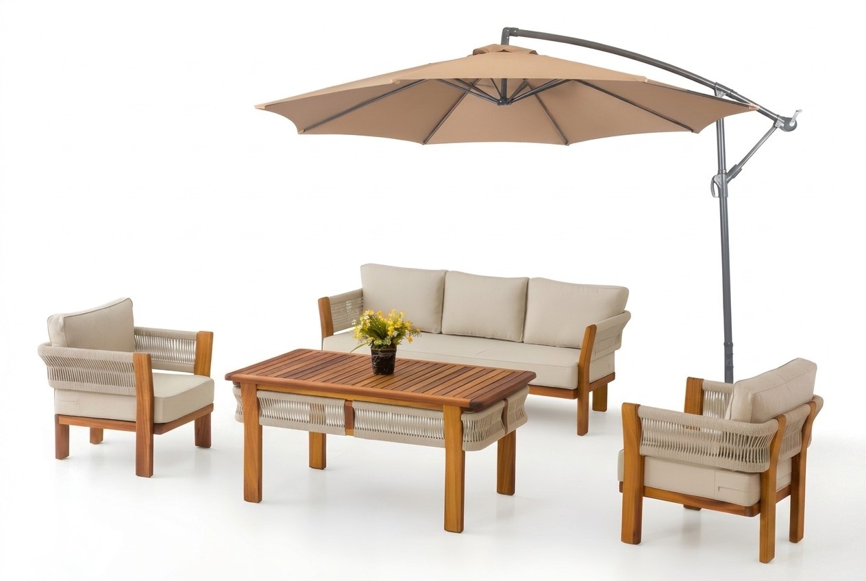 GartenmÃ¶bel Set aus Holz und Textil in Beige, modernes Design