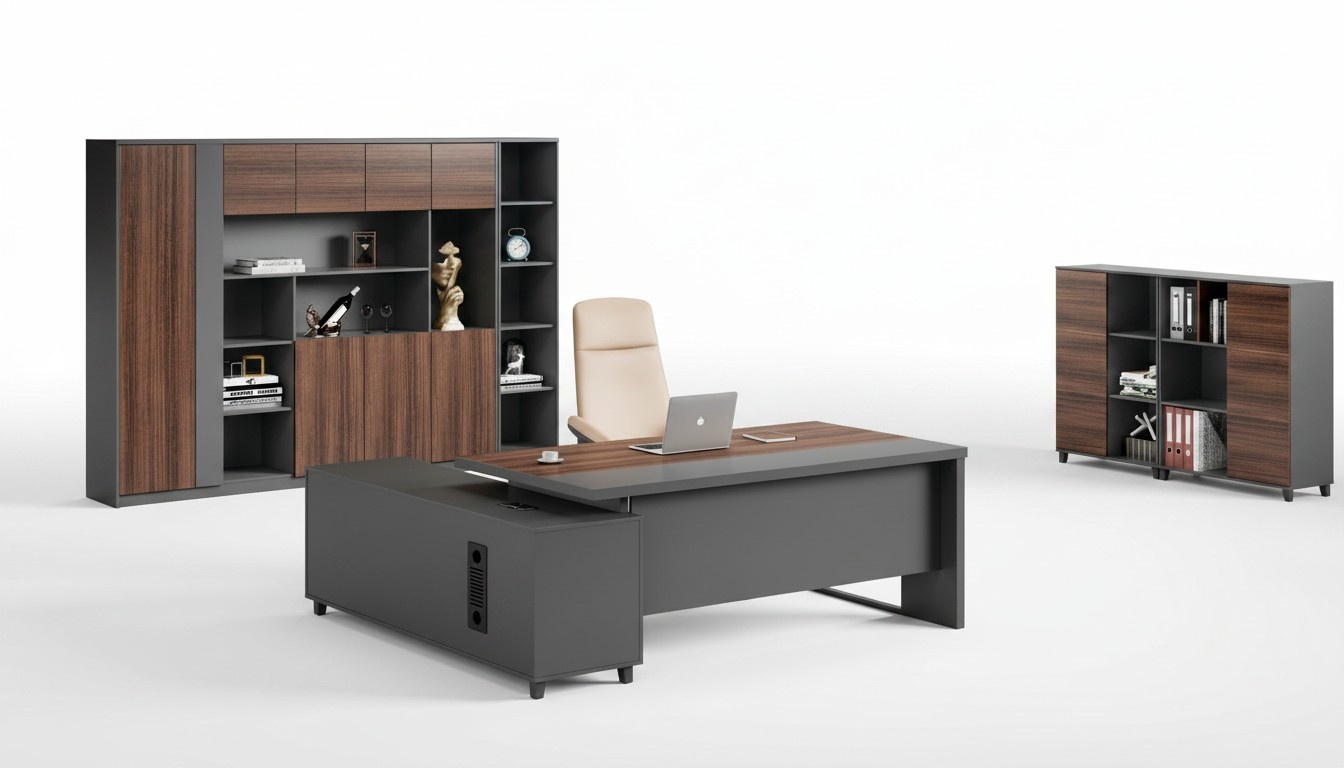 Grau-Brauner BÃ¼rotisch LuxuriÃ¶ser Eckschreibtisch Designer Holz MÃ¶bel