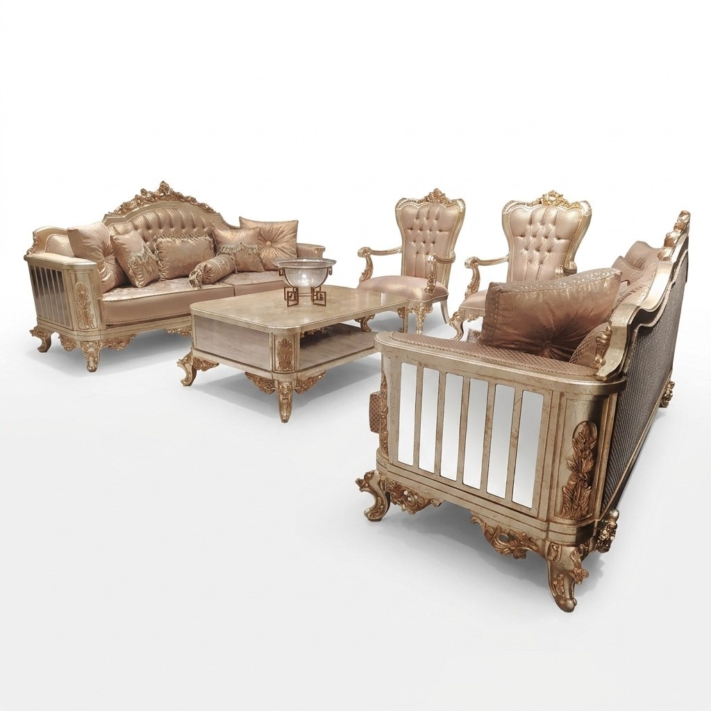 Klassische Barock Rokoko Chesterfield 5tlg. Couchtisch Beige Sofa MÃ¶bel