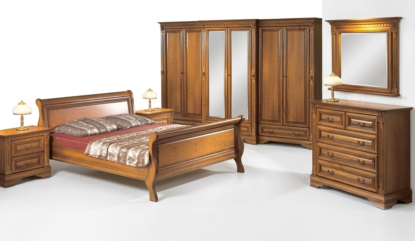 Landhaus Stil Bett 3tlg. mit 2 Nachttischen Holz MÃ¶bel Betten Set Braun