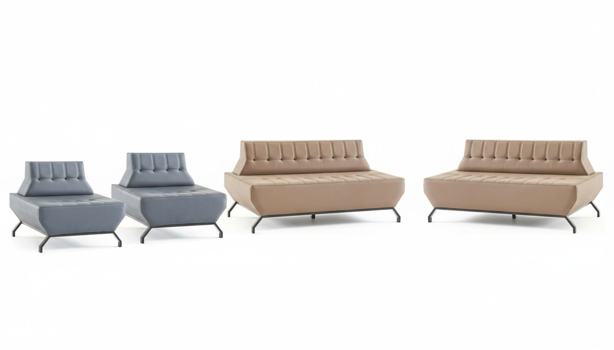 Ledesofas Set 2-Sitzer Sessel Beige Grau Chesterfield Sofas Edelstahl