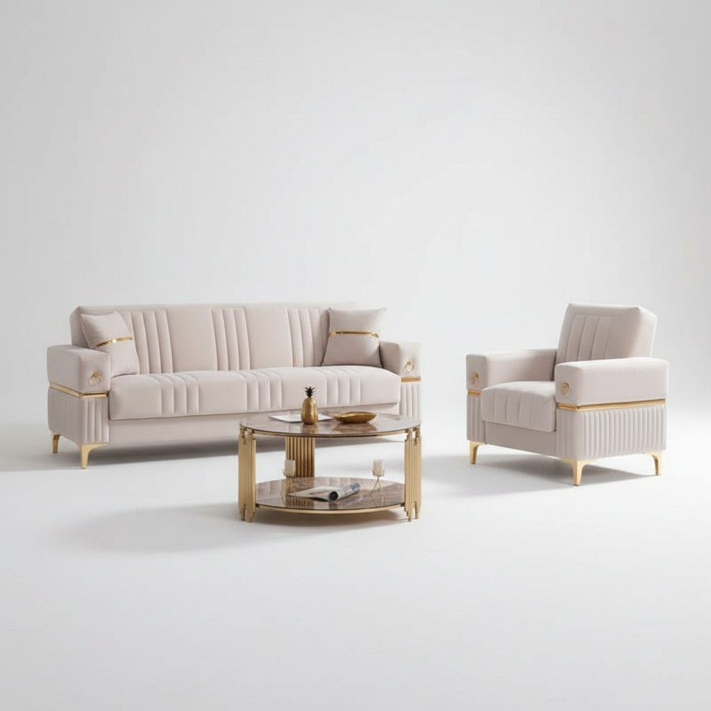 Luxus Sofagarnitur Dreisitzer Sessel Polstersofa Stoff Beige Couch