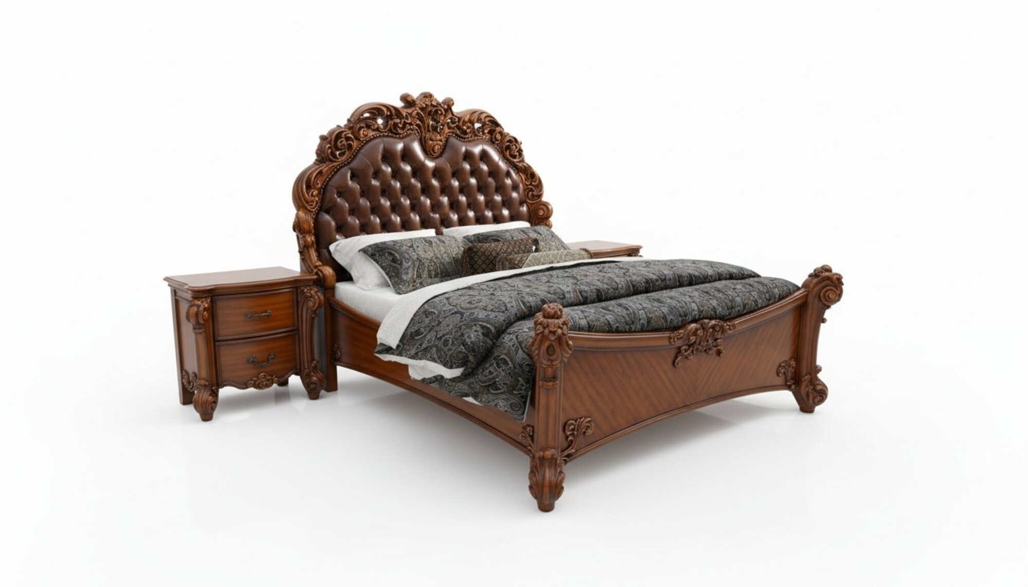 Schlafzimmer Set Bett + 2x Nachttisch Chesterfield Holz Leder Betten Polster