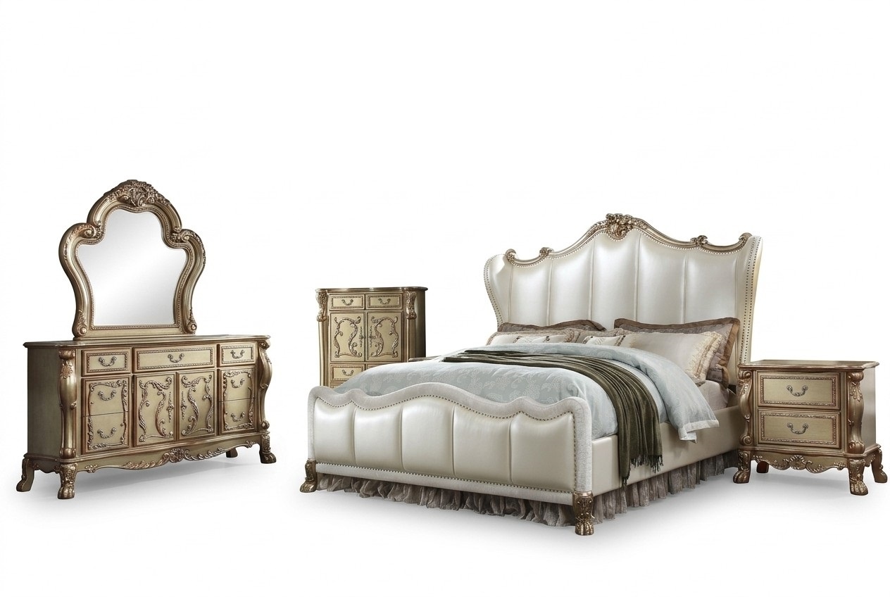 Schlafzimmer Nachttische Set Bett 5tlg. Rokoko Barock Antik Stil Bett Holz