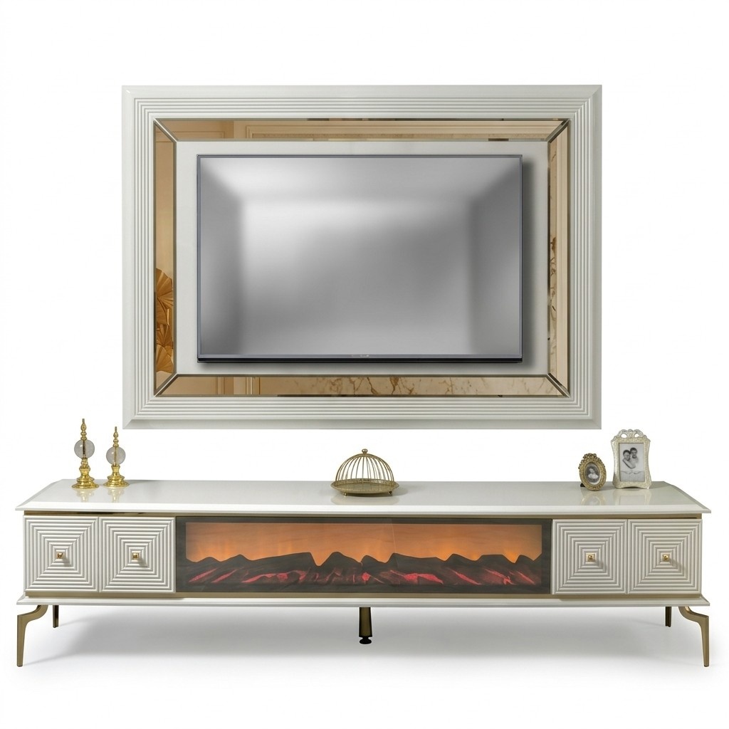 sideboard Schrank rtv mit Kamin Wohnwand Set TV Panel Edelstahl Luxus MÃ¶bel