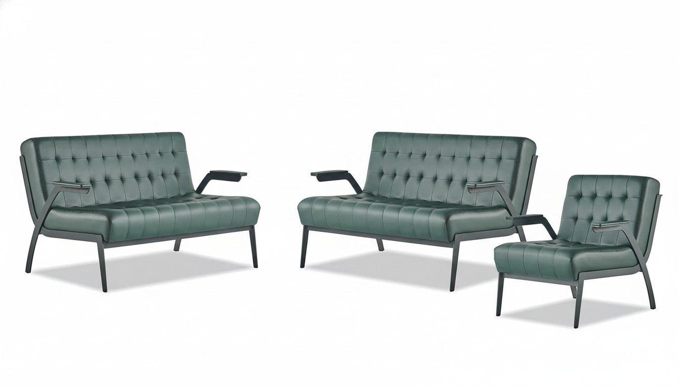 Sofa-Set 2-Sitzer Sessel GrÃ¼n Edelstahl Modern Leder Chesterfield Holz