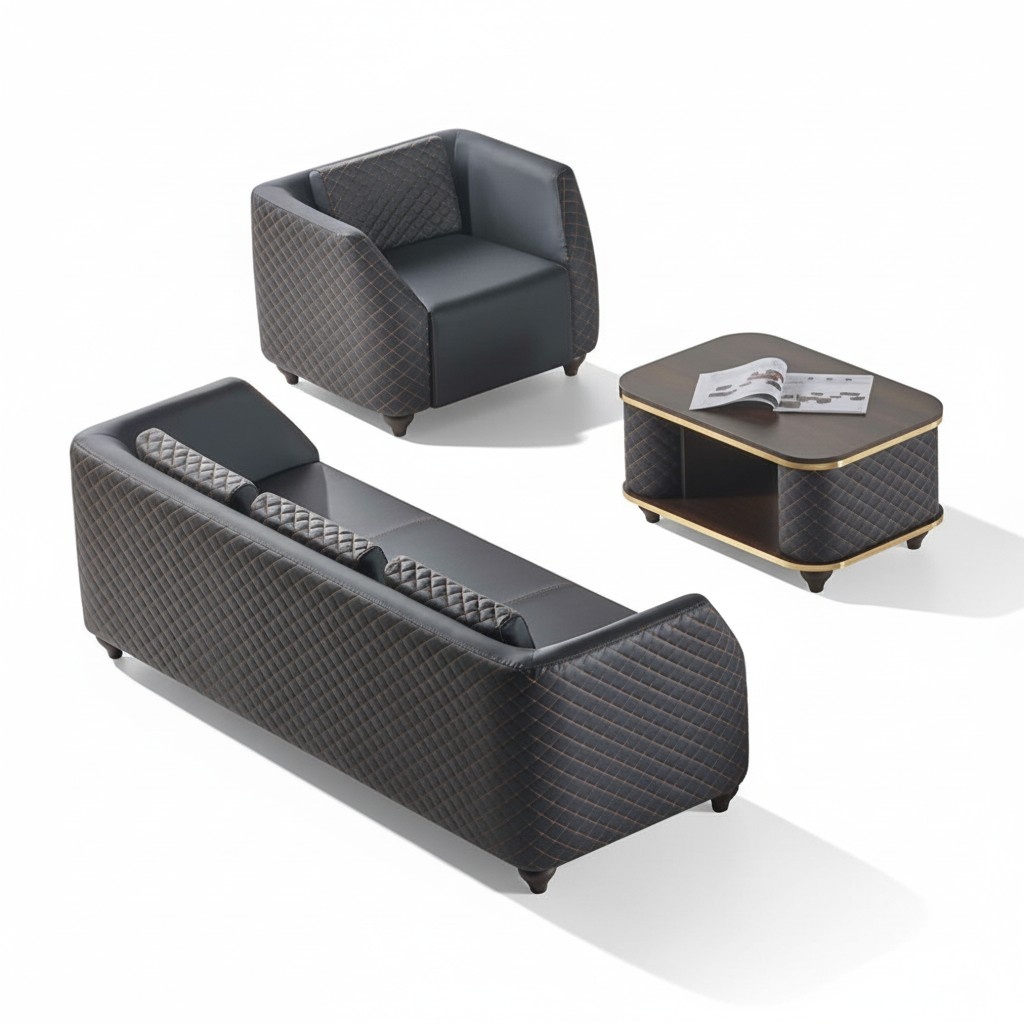 Sofa-Set 3-Sitzer Sessel Couchtisch Schwarz Braun Leder Polster Holz