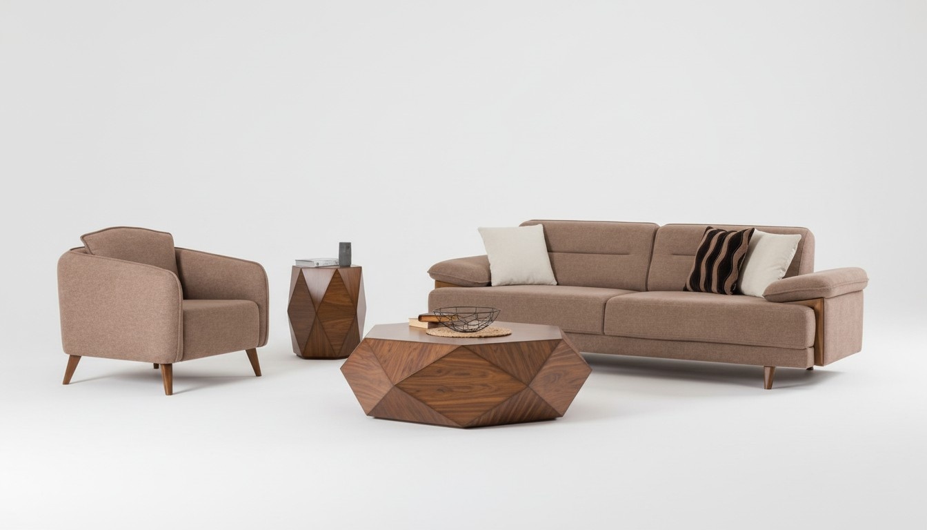 Sofagarnitur 3+1 Sitzer Braun Stoffbezug HolzfÃ¼Ãe Skandi Stil Modern Wohnen