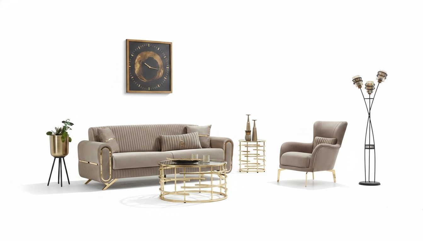 Sofagarnitur Dreisitzer Sofa Stoffsofa Polstersofa Beige Sessel 2tlg