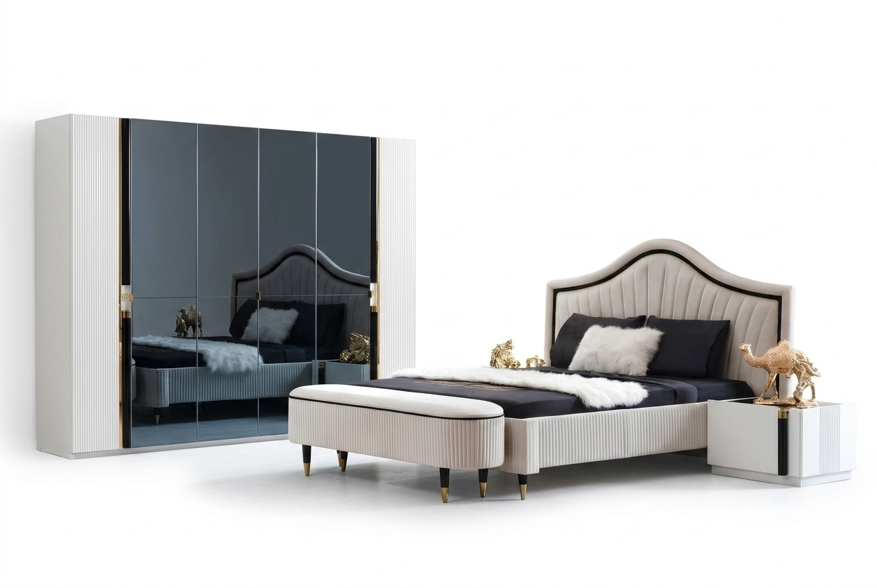 Textil Bett Schlafzimmer MÃ¶bel Design Gruppe 5tlg. Set 2x Nachttische Betten Neu