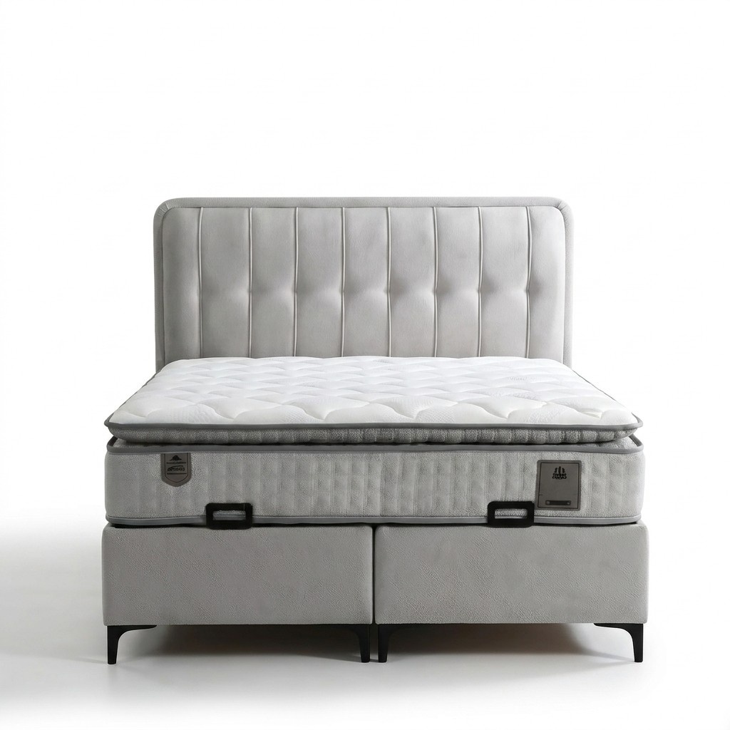 WeiÃes modernes Bett mit Matratze aus Textil und Holz