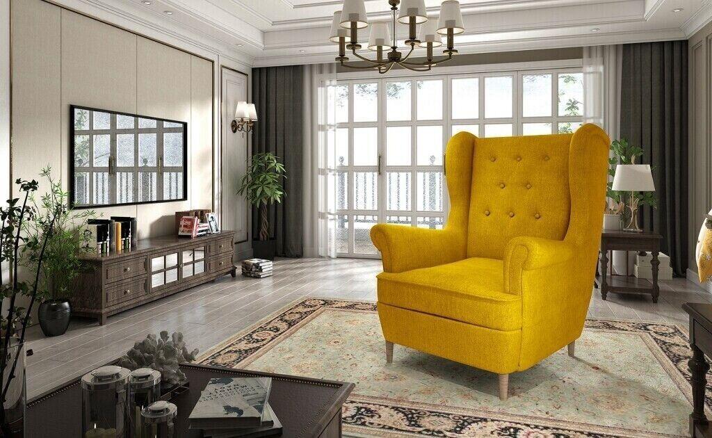 Lounge Ohren Sessel Gelb Polster Club MÃ¶bel Fernseh Sofa Stuhl Samt Sofort
