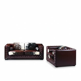 Chesterfield Sofagarnitur Couch Set 2 tlg Leder mit Ponyfell Garnituren
