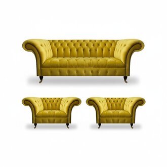 Designer Gelbe Chesterfield Polstergarnitur Komplettes Textil 3tlg Set