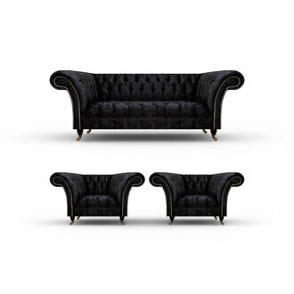 Designer Schwarze Chesterfield Garnitur Edle Lehnsessel Polster 3-Sitzer