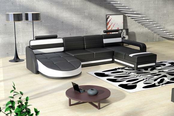 Ledersofa Sofa Colo2 mit 2 Chaiselongues Schwarz WeiÃ Modern Design
