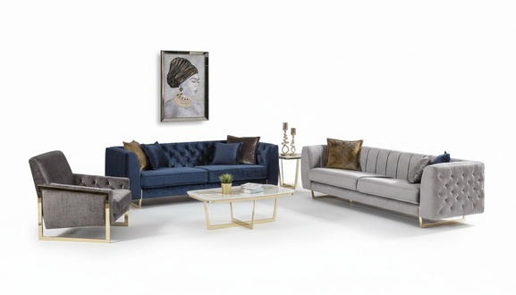 Elegantes 2-tlg. Wohnzimmer Set aus Textil in Blau und Grau
