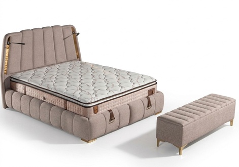 Elegantes Bett mit Matratze in Beige aus Textil und Edelstahl