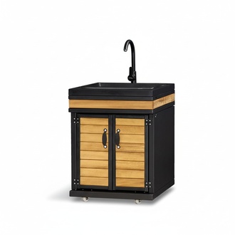 Elegantes schwarzes AuÃenkÃ¼chenmodul aus Edelstahl und Holz
