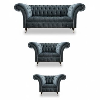Exklusive Graue Chesterfield Sofas Edler 3-Sitzer Zweisitzer Sessel 3tlg