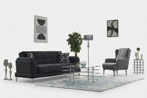 Garnitur Dreisitzer 3 Sitzer Sofa Stoffsofa Polstersofa Schwarz Couch