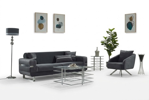 Garnitur Dreisitzer Sofa Stoffsofa Polstersofa Grau Sessel 2tlg Couch