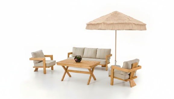 GartenmÃ¶bel Set aus Holz und Textil in Beige, modern, robust