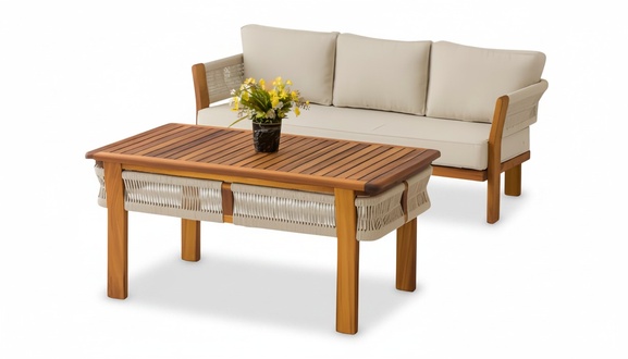 GartenmÃ¶bel Set aus Holz und Textil in Beige modern