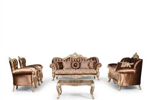 Goldene Samt Couch Set Chesterfield Sofagarnitur Sofa MÃ¶bel Holz 5tlg