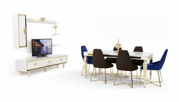 GroÃes Esszimmer Set Esstisch 6x StÃ¼hle TV-StÃ¤nder Wandregal Design