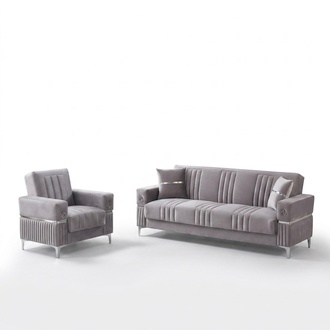 Komplette Dreisitzer Couch Sessel Stoff 3 Sitzer Sofa Beige Set 2tlg