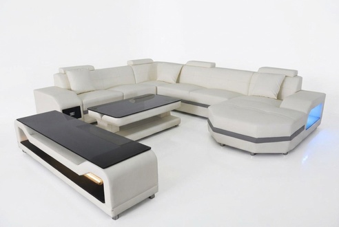Leder Sofa Couch Polster Eck Sitz Garnitur Wohnlandschaft U Form couchen +USB