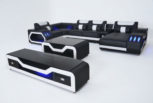 Leder Sofas Eck Garnitur Design Sofa Wohnlandschaft + Couch Tisch + RTV USB Neu