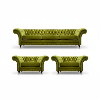 OlivengrÃ¼ne Wohnzimmer Garnitur Chesterfield Polstercouch 2x Sessel 3tlg