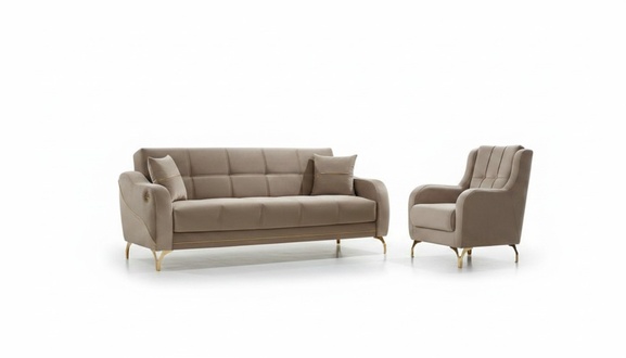 Sofagarnitur Dreisitzer Sessel Polstersofa Stoffsofa Beige 2tlg Couch