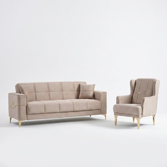 Sofagarnitur Dreisitzer Sessel Polstersofa Beige Stoffsofa Couch Sofa