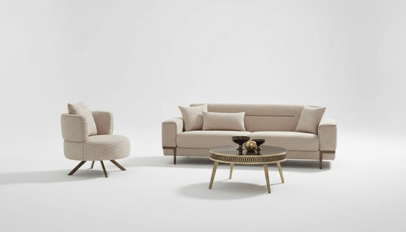 Sofagarnitur Dreisitzer Sofa Stoffsofa Polstersofa Beige Sessel 2tlg